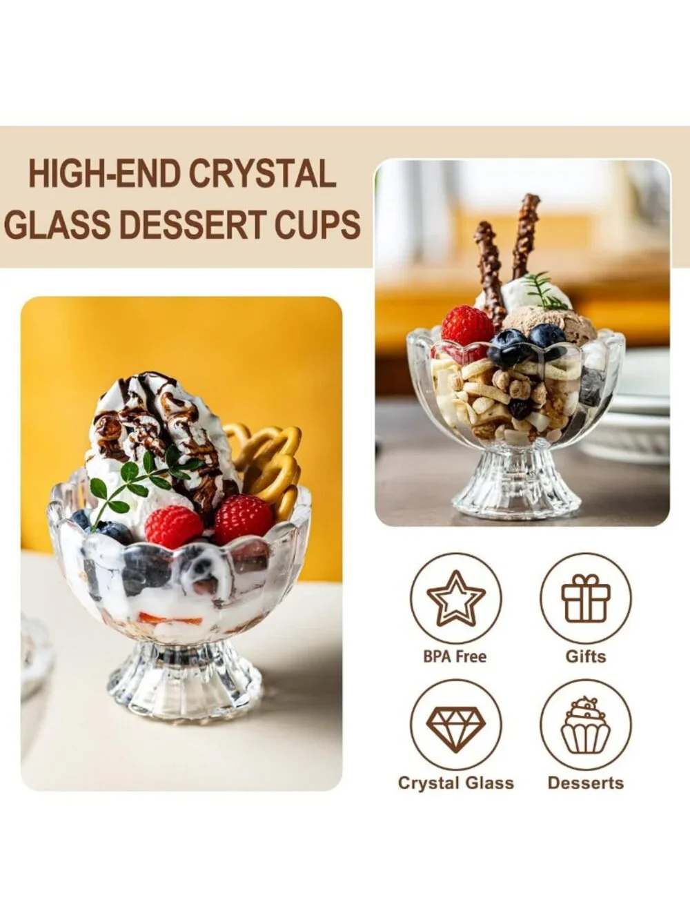 Vintage Footed Tulip Glass Dessert Bowls - 5oz Cute Cups for Ice Cream, Sundaes